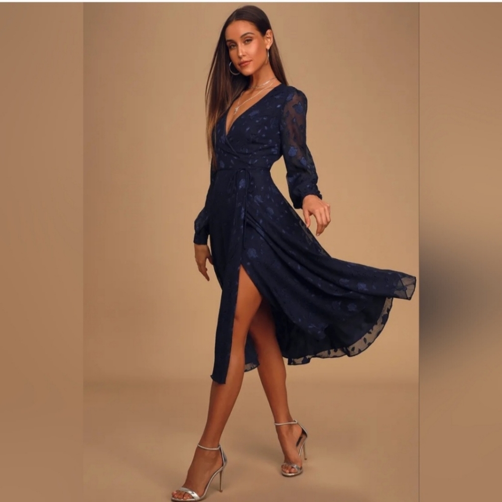 NWT Lulu's Evening of Elegance Navy Floral Jacquard Wrap Midi Dress XL